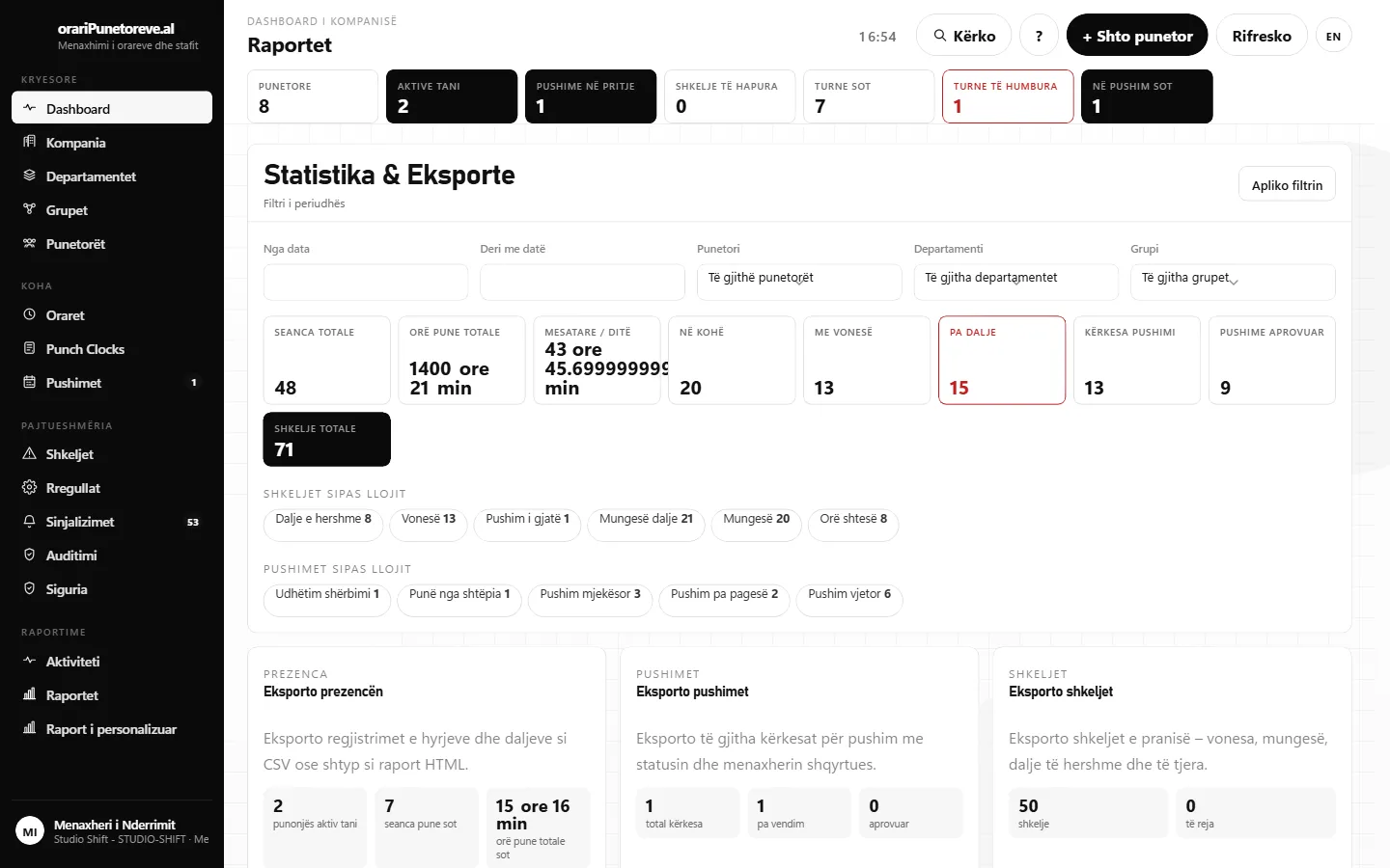 Ekrani i Raportet: karta e eksportit të pagave me orë totale, orë shtesë dhe butona shkarkimi CSV/Excel/PDF